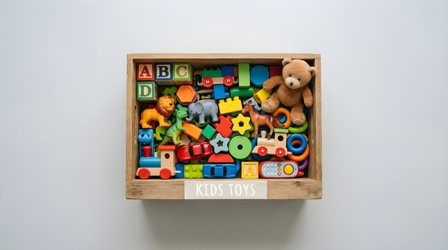 Top view of wooden box filled with colorful children toys including blocks, animals and cars