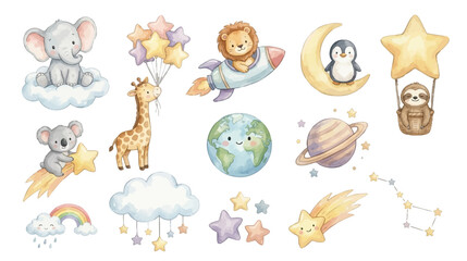 Adorable watercolor nursery space clipart with animals, planets and stars. Collection of Vector illustrations. Perfect for invitation, card, poster, banner, decoration  © maria