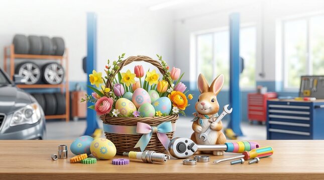 Easter bunny holding wrench in colorful basket with dyed eggs and tulips amid mechanic tools and tires in auto garage. Fun spring holiday concept blending seasonal celebration with automotive repair