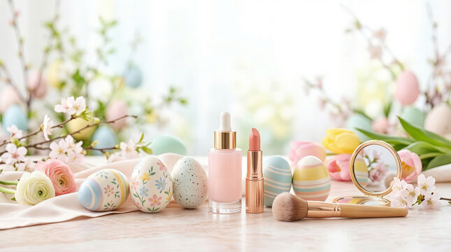Pastel easter eggs with lipstick, makeup brush, mirror and spring flowers on table. Beauty cosmetics flat lay arrangement. Seasonal easter holiday concept for spring inspiration and festive decor