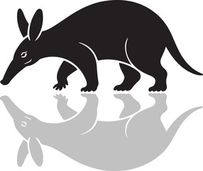 Fototapeta premium Black Silhouette Aardvark Walking with Reflection on white Background