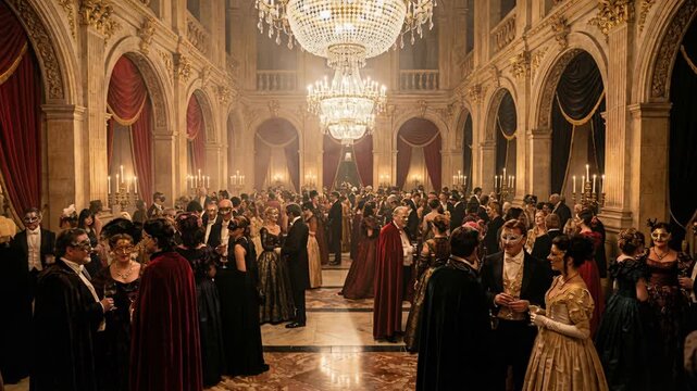 Extravagant ballroom featuring sparkling chandeliers and classical tunes