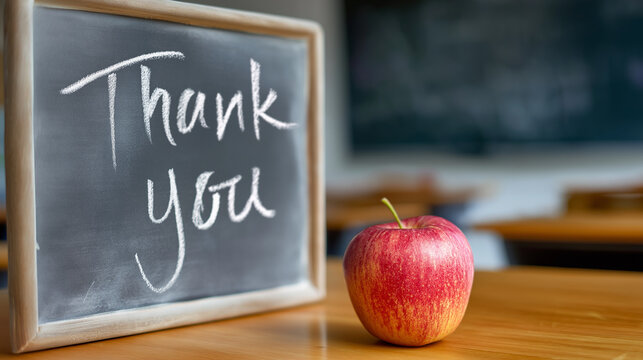 Chalkboard with thank you message and a fresh red apple on a wooden desk, symbolizing appreciation for education and teachers in a school classroom setting, copy space
