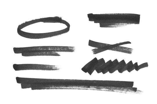 set of black marker pen drawings of circle, underline, highlighter, lines, and cross scribbles isolated on white or transparent png