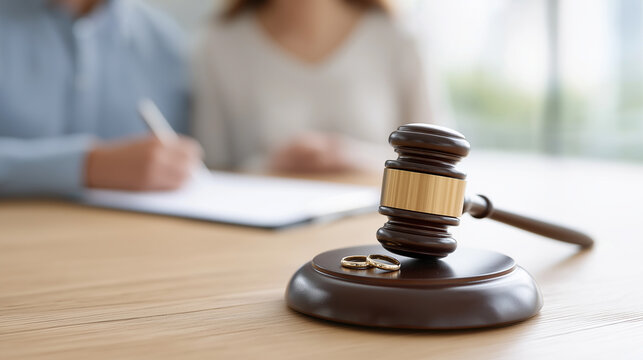 Unhappy couple signing divorce papers in court, gavel and wedding rings symbolizing legal separation and marital problems, ending relationship, copy space