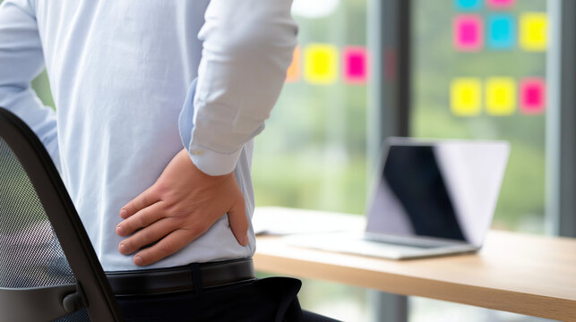 Office worker experiencing chronic back pain from prolonged sitting at a desk, indicating poor posture, a sedentary lifestyle, and needing ergonomic improvement