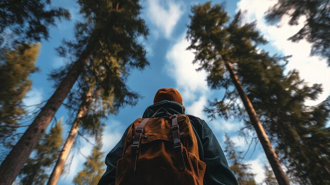 Backpacker with a canvas travel bag exploring a pine forest, looking up at the sky, experiencing freedom and connection with wild nature on an adventure