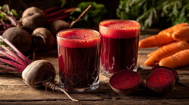 Fresh beet juice filling glasses on a rustic wooden table, surrounded by whole and sliced raw beetroot and carrots, emphasizing health, detox, and natural nutrition