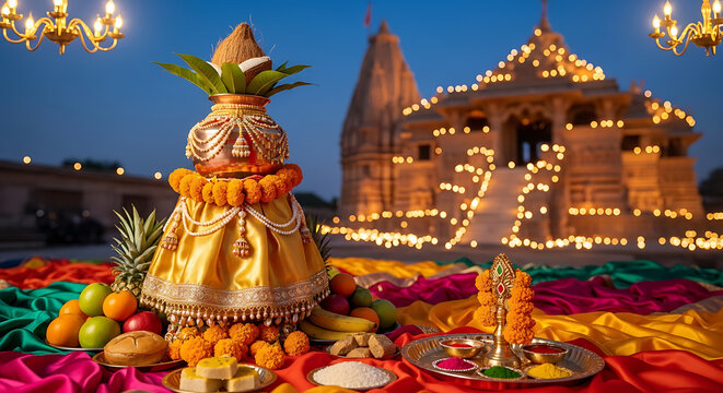 A vibrant Hindu altar setup with colorful fabrics, fruits, and decorations in front of a beautifully lit temple during a festive evening