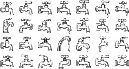 Fototapeta premium Faucet Collection Vector: Hand-Drawn Water Taps, Plumbing Fixtures, Sanitary Engineering Sketches