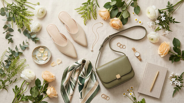 Flat lay composition of womens beige high-heeled shoes green handbag necklace rings bracelet watch scarf notebook and pen surrounded by roses eucalyptus and white flowers. Stylish spring fashion