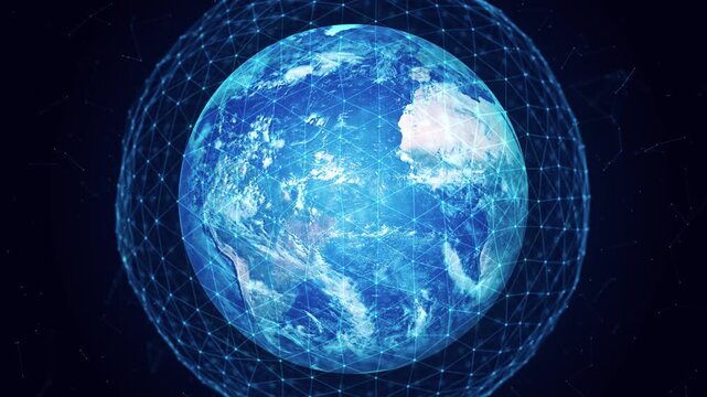 Glowing Blue Earth with Global Digital Plexus Network and Data Waves, Futuristic Technology Planet Background Loop