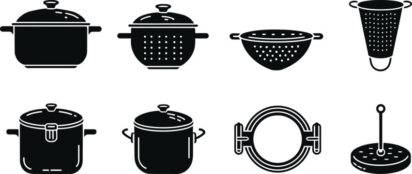 Kitchen pots pans and colander cookware silhouette icon set vector