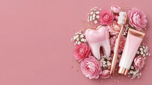 Pink roses and white gypsophila flowers surrounding toothbrush, toothpaste tube and white tooth model on pink background. Floral dental hygiene concept for oral care and healthy smile promotion