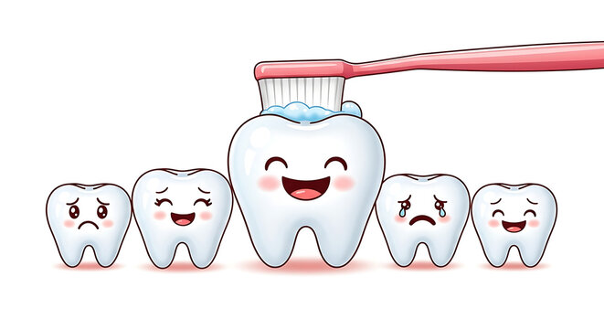 Cute cartoon illustration of a happy tooth brushing with a toothbrush surrounded by sad teeth
