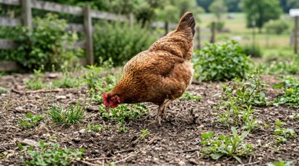 Fototapeta premium Free range brown hen pecking on the ground at a farm