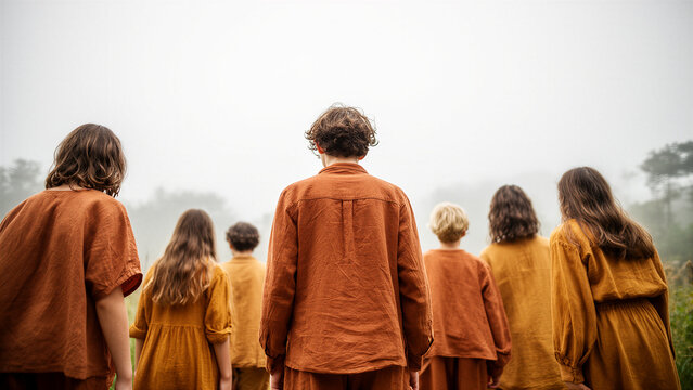 Group in Earthy Orange Garments Facing Misty Horizon Together