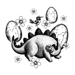 A cute stegosaurus wearing glasses with a bird perched on its back, flowers, and dinosaur eggs. Black and white graphic illustration. Perfect for children's products, clothing, and accessories. © Anna Bastron