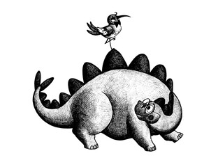 A cute stegosaurus wearing glasses looks curiously at a bird. Black and white graphic illustration. Perfect for children's products, clothing, and accessories. © Anna Bastron