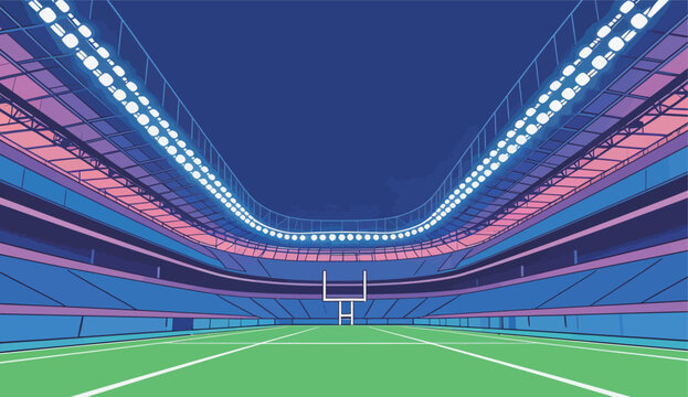 Football stadium at night with bright lights and a clear blue sky above a green field