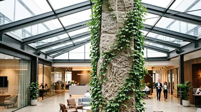 Biophilic office lobby with ivy covered column natural light skylight seating area modern reception calm atmosphere atrium tree trunk climbing vines