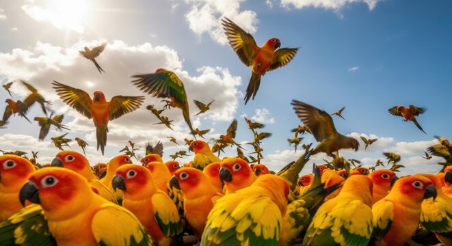 A vibrant flock of conure parrots taking flight in a dynamic display of orange and green against a bright blue sky with scattered clouds