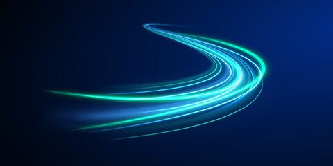 Blue and green neon swirls glow dynamically. Motion blur conveys speed and futuristic motion....