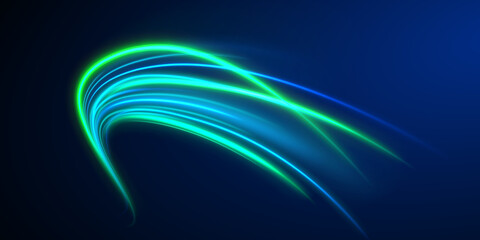 Naklejka premium Neon lines stretch and twist in motion. Glowing curves create dynamic patterns. Energy flow enhances futuristic design.