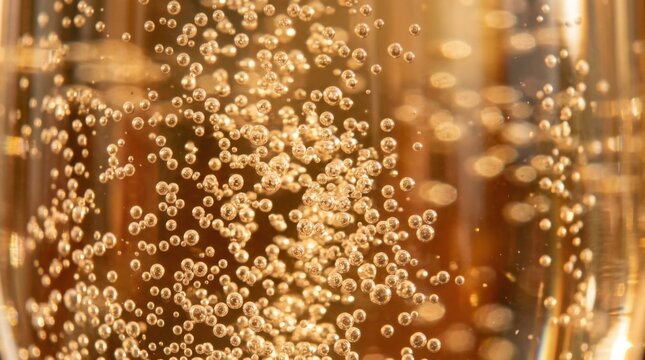 Close up of golden champagne liquid with fizzing bubbles