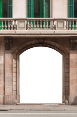 Fototapeta premium Elements of architecture of buildings, ancient arches, columns, windows and apertures. On the streets in Barcelona, public places.