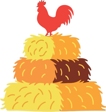 Colorful rooster silhouette standing on stacked hay bales vector illustration for farm and harvest themes