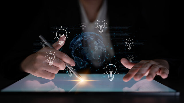 Concept of global innovation and shared knowledge. A network of creative ideas and brainstorming from around the world leads to new business solutions and bright insights. Fermion