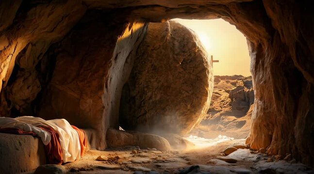 A tomb is shown with a rolled stone at Easter dawn. Sunlight enters the space, casting light on the area where the body was placed. The three crosses appear in the background