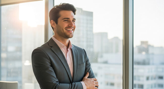 Smiling man in suit stands near large window, looking optimistic. Represents business, achievement, and bright future, suitable for success themes