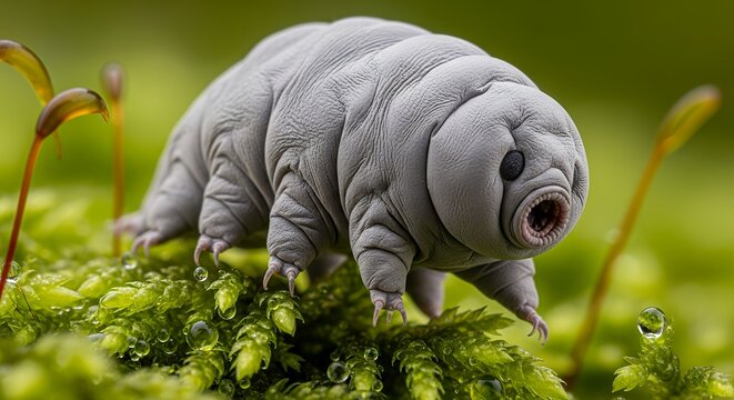 Microscopic View of a Tardigrade Water Bear Crawling on Green Moss with Macro Detail and Soft Lighting