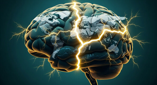 Cracked Human Brain with Golden Lightning Energy Burst