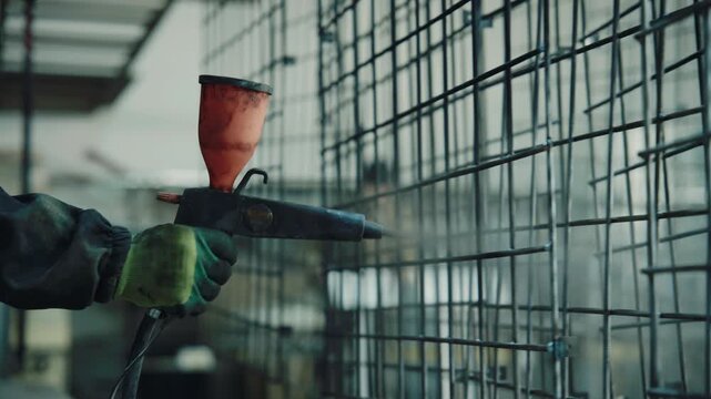 Factory worker spray painting metal mesh grid