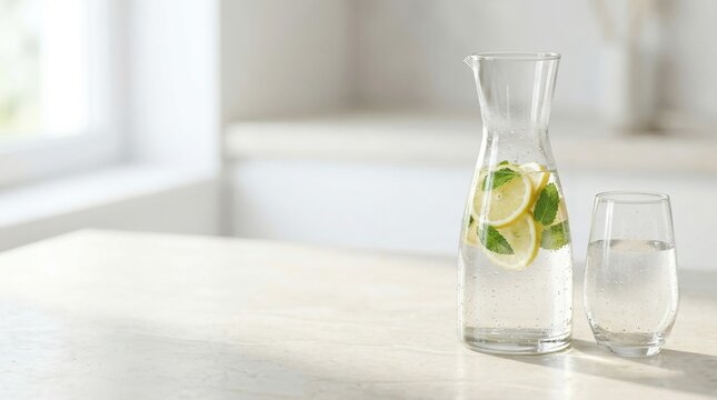 Caraffa di acqua, limone e menta su tavolo in legno in cucina moderna. Generative AI