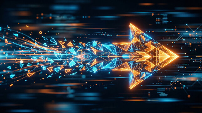 A vibrant digital arrow, dynamically composed of glowing blue and orange geometric pieces, illustrating rapid technological acceleration and innovative progress within a data-rich environment.