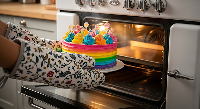 Homemade happiness A vibrant rainbow layer cake with candles gently enters a warm oven, ready for a joyous celebration
