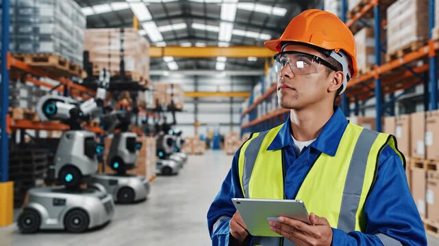 Loading and monitoring operations. A male worker in uniform uses a tablet to observe and monitor the androids as they load and unload the conveyor belts.