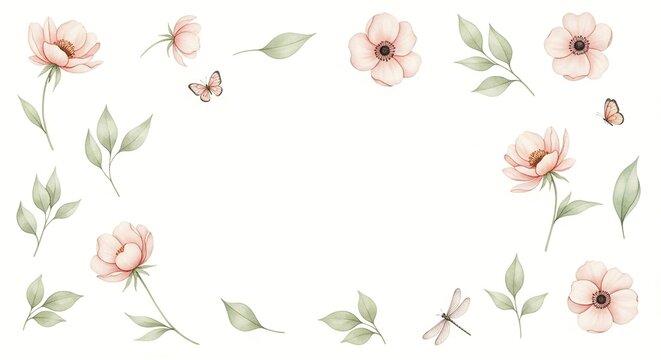 A delicate floral border with pink flowers, green leaves, butterflies, and a dragonfly on a white background.