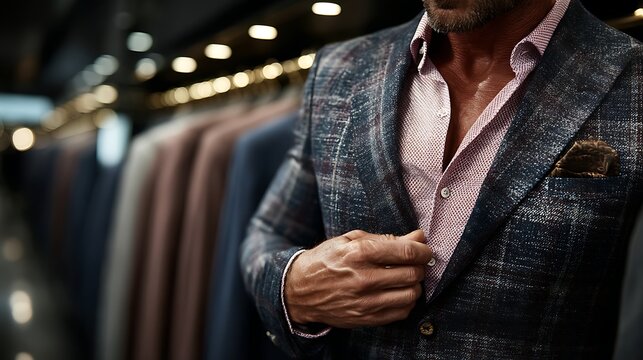 Stylishly dressed man adjusts his textured blue plaid blazer over an unbuttoned patterned pink dress shirt in a high-end boutique setting