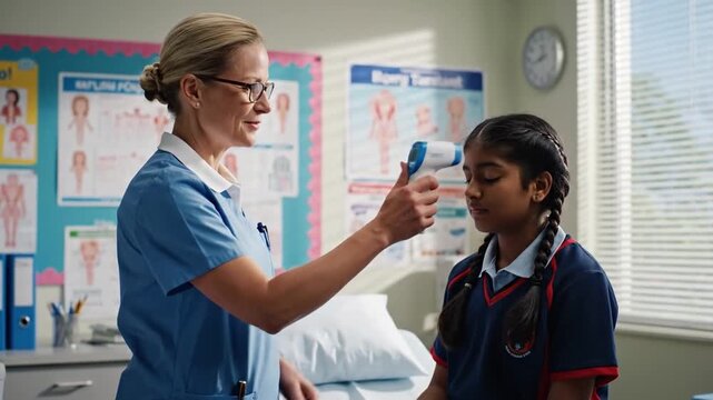 Health Professional Assesses Young Patient. School Nurse Evaluates Asian Girl Using Thermometer. School Nurse Carefully Monitors Health Status Of Asian Girl Using Infrared Technology