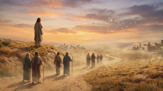 Jesus Christ standing on a hill watching his disciples walk along a dusty desert path towards an ancient village. Biblical religious scene representing faith, guidance and spirituality.