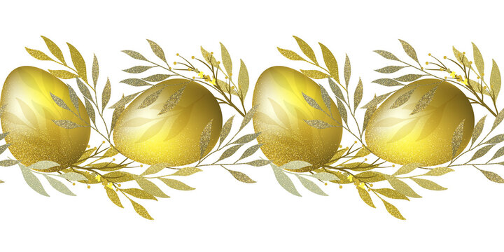 Luxury seamless golden Easter horizontal border. Infinite tiling 3D jewel eggs with glitter sand and botanical branches on transparent background.