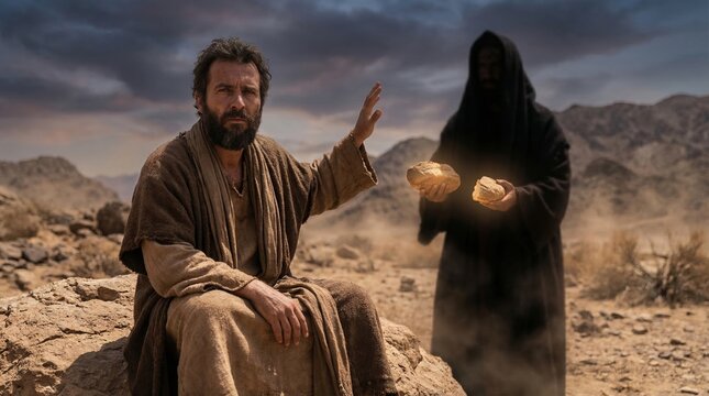 Jesus tempted by devil in desert. Biblical scene of christ rejecting bread transformed from stone. Religious concept of spiritual strength, overcoming temptation and faith in god.