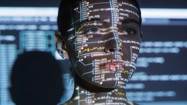 Projector activating, woman in dark top gazing upward and lifting chin in lab for data demo