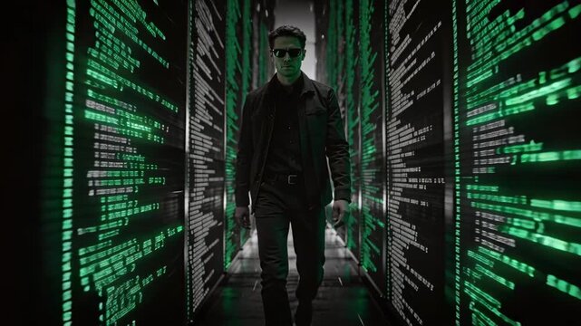 Walking man in jacket, sunglasses, camera pushing in tech corridor, green code panels reflecting