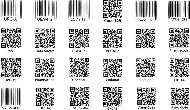 Collection of Different Barcodes and QR Codes: Examples of UPC-A, Code 128, Data Matrix, PDF417, Aztec Code, and Other Standardized Encoding Systems